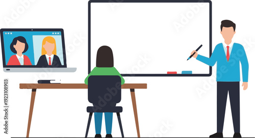 Teacher instructing student remotely via video call on whiteboard
