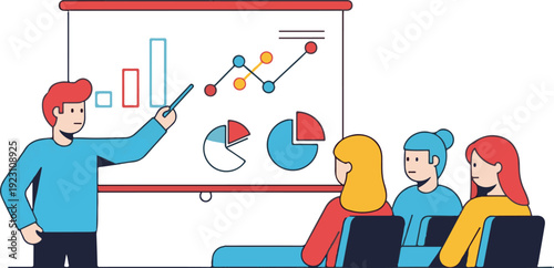 Illustration of a presenter explaining charts and graphs to a group of people seated in a meeting room
