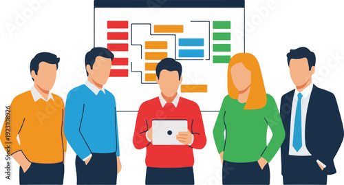 Diverse team analyzing business strategy on a digital presentation board together