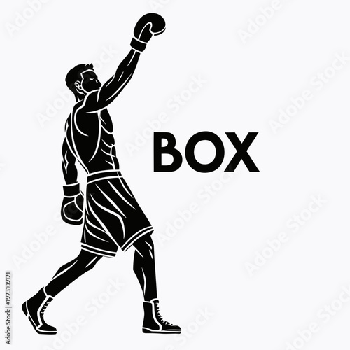 Black silhouette of triumphant boxer raising arm in victory celebration for combat sports and athletic achievement