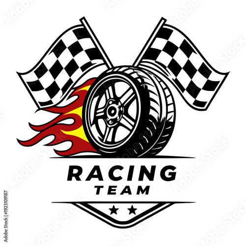 Racing team logo with flaming car wheel and checkered flags for automotive motorsport branding