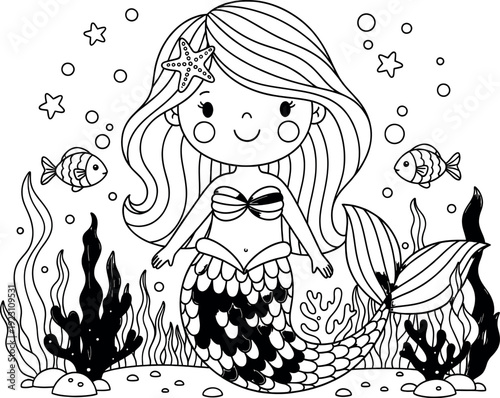 A smiling cartoon mermaid with long hair and a star on her head surrounded by fish and seaweed in an underwater scene