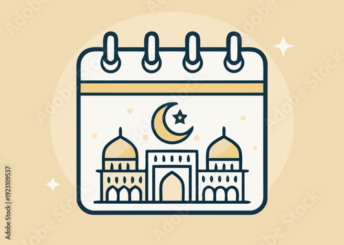 Calendar illustration featuring mosque and crescent moon symbolizing Islamic event or holiday