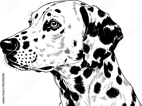 Black and white illustration of a dalmatian dogs head in profile
