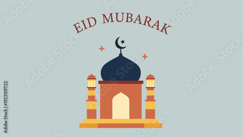 A graphic illustration of a mosque with Eid Mubarak text, symbolizing celebration and religious culture