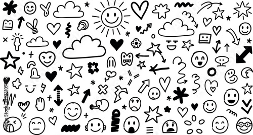 A collection of various cute cartoon doodles and emojis on a white background