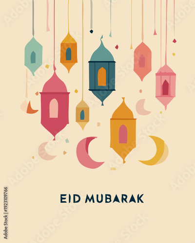 Colorful lanterns and crescent moons suspended in air, celebrating Eid Mubarak with vibrant illustrations and festive decorations