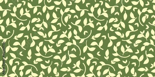 Tossed leaves and sprouts seamless pattern in oriental style. Curved leaf silhouettes on isolated green background