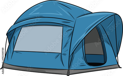 A blue dome tent with mesh windows and a gray base set up on a plain background