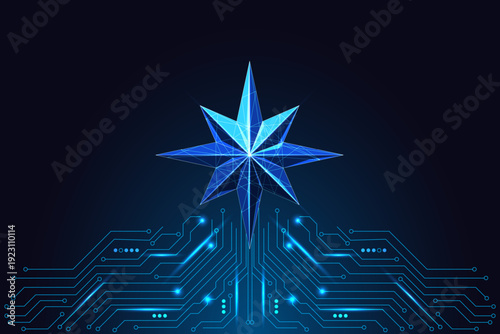 Futuristic glowing star above circuit board, AI Christmas symbol and digital holiday vector