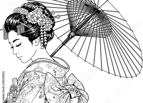 A woman in traditional japanese kimono holding an umbrella