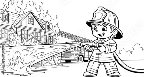Little cartoon fireman in firefighter uniform holding hose fighting house fire