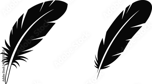 Black feather silhouette set featuring elegant quill shapes in minimal flat vector style, isolated on white background for writing themes, logos, tattoos, and 