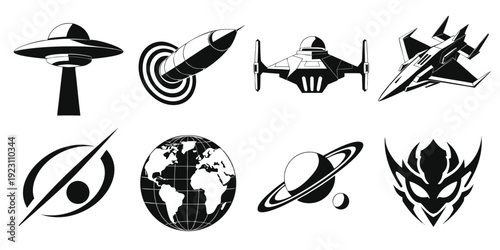 Collection of eight black and white depicting science fiction spacecraft and celestial bodies... des