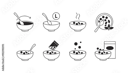 Cereal preparation instructions showing mixing adding pouring serving and garnishing with spoon... d