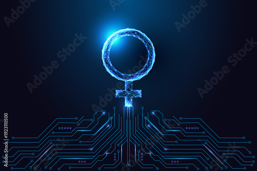 Female Symbol Technology. Digital Feminine Sign in Futuristic Neon Mesh Vector Illustration