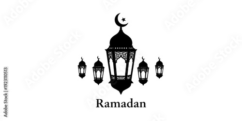 A Minimalist and Festive Serene Silhouette Illustration featuring traditional Ramadan lanterns, perfect for greetings and celebrations.