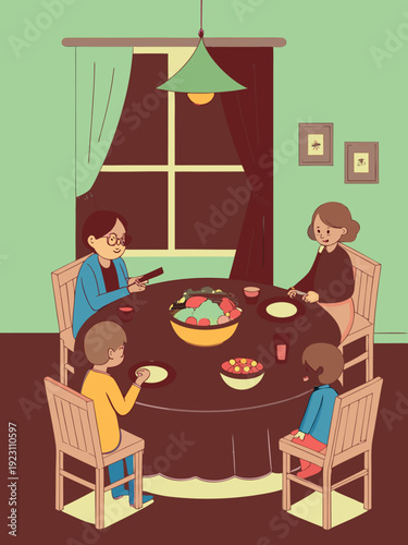 Family enjoying a meal together at a table in a cozy home setting with food and drinks