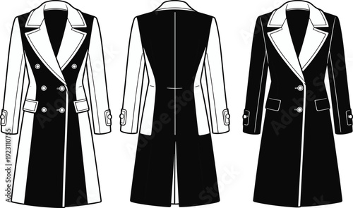 Classic women trench coat technical fashion illustration set showing front and back views isolated on white background, elegant outerwear design for tailoring and apparel branding