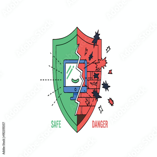 Digital Security and Cyber Threat Prevention Illustration with Shield and Mobile Device