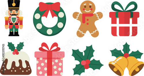 Colorful Christmas-themed featuring a nutcracker, wreath, gingerbread man, wrapped gifts, cake, holly leaves, and bells