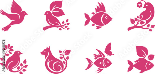 Set of colorful stylized bird fish and animal icons featuring birds perched on branches and swimming fish isolated designs