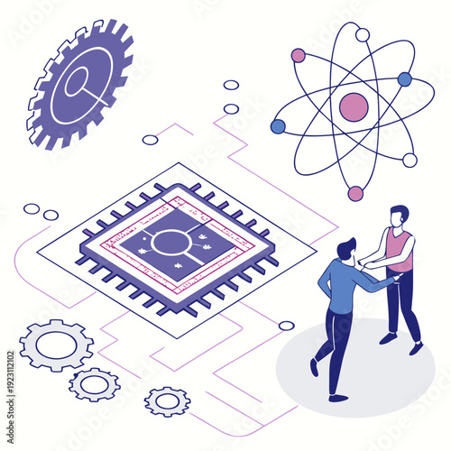 Two businessmen collaborating on innovative technology project with gears and atom