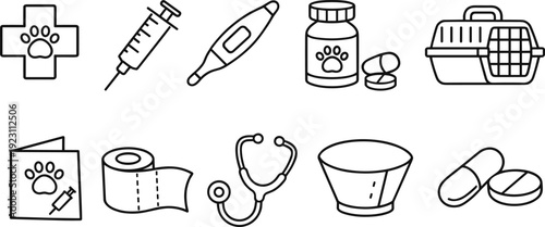 Collection of veterinary clinic icons with paw prints and medical supplies