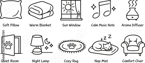 Cozy home comfort icons: pillow, blanket, lamp, diffuser, and sleeping cat