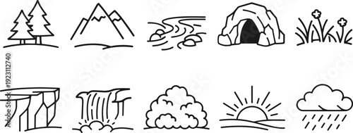 Collection of simple line art icons representing various natural landscape elements and weather