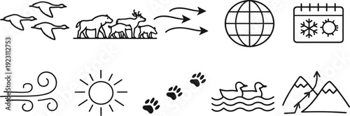 Collection of icons illustrating animal migration and environmental factors affecting it