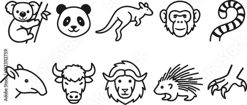 Collection of cute cartoon animal icons in a simple line art style