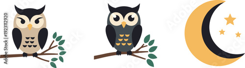 Cute cartoon owls perched on branches next to a crescent moon and stars