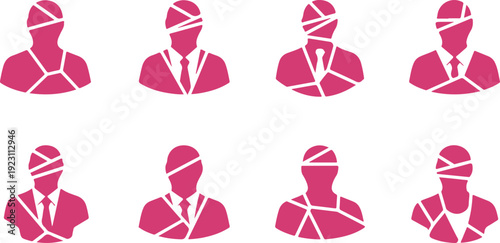 Set of eight injured or bandaged business professional icons with transparent background for medical or corporate use
