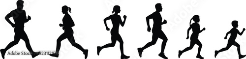 Running people silhouettes set isolated on white background, men women and children jogging collection for fitness, marathon training and healthy lifestyle design