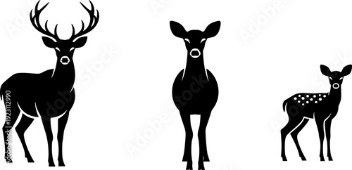 Silhouette of a deer family: buck, doe, and fawn on a white background