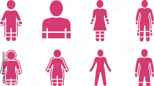 Set of eight simple icon figures showing different human body types and postures isolated on transparent background