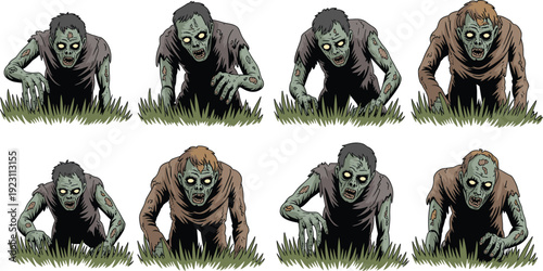 Set of creepy zombie characters rising from grass isolated on white background, horror undead monster illustration collection for Halloween graphics and spooky designs