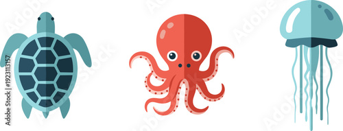 Set of three stylized marine animals: turtle, octopus, and jellyfish, isolated on white