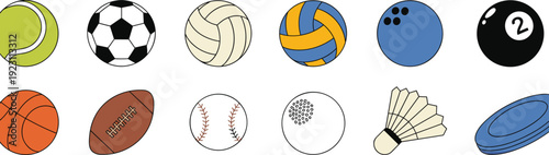 Sports Balls Collection Including Soccer Basketball Tennis Volleyball Baseball Golf Billiard and Shuttlecock Cartoon Vector Illustration Set Isolated on White Background