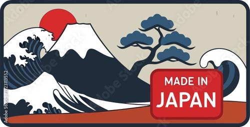 Vintage Japanese Art Print Featuring Mount Fuji and Traditional Waves