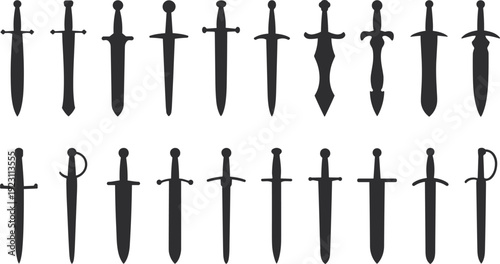 Collection of various black and white dagger and knife silhouettes arranged in two rows daggers knives