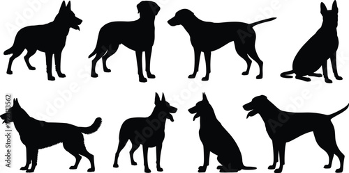Eight black silhouette dogs in various poses on a white background