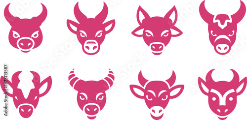 Set of eight stylized bull and cow heads icons featuring horns in bright pink color design