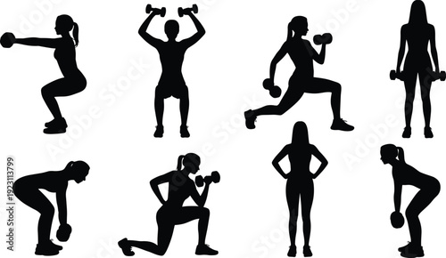 Silhouettes of women performing various weightlifting exercises with dumbbells in different poses