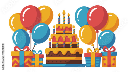 A festive birthday scene with a cake, balloons, and gifts.