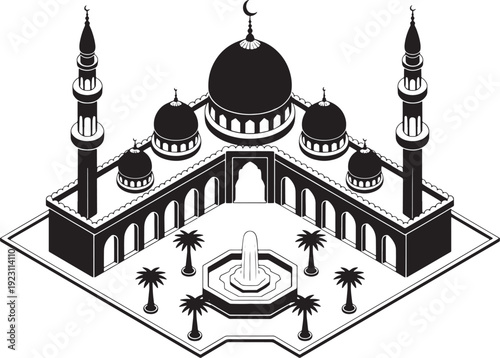 Isometric black and white of a grand mosque with domes and minarets and a central courtyard fountain surrounded by palm trees
