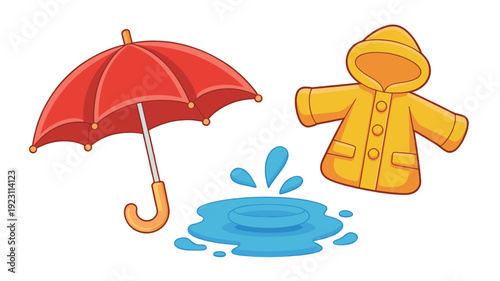 Rainy Day Essentials: An Umbrella, Raincoat and Puddle.