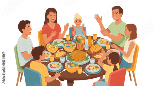 A heartwarming family gathering at a dining table filled with food.