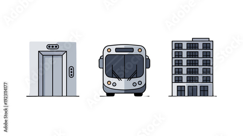Elevator, Bus and Building: transportation related. 